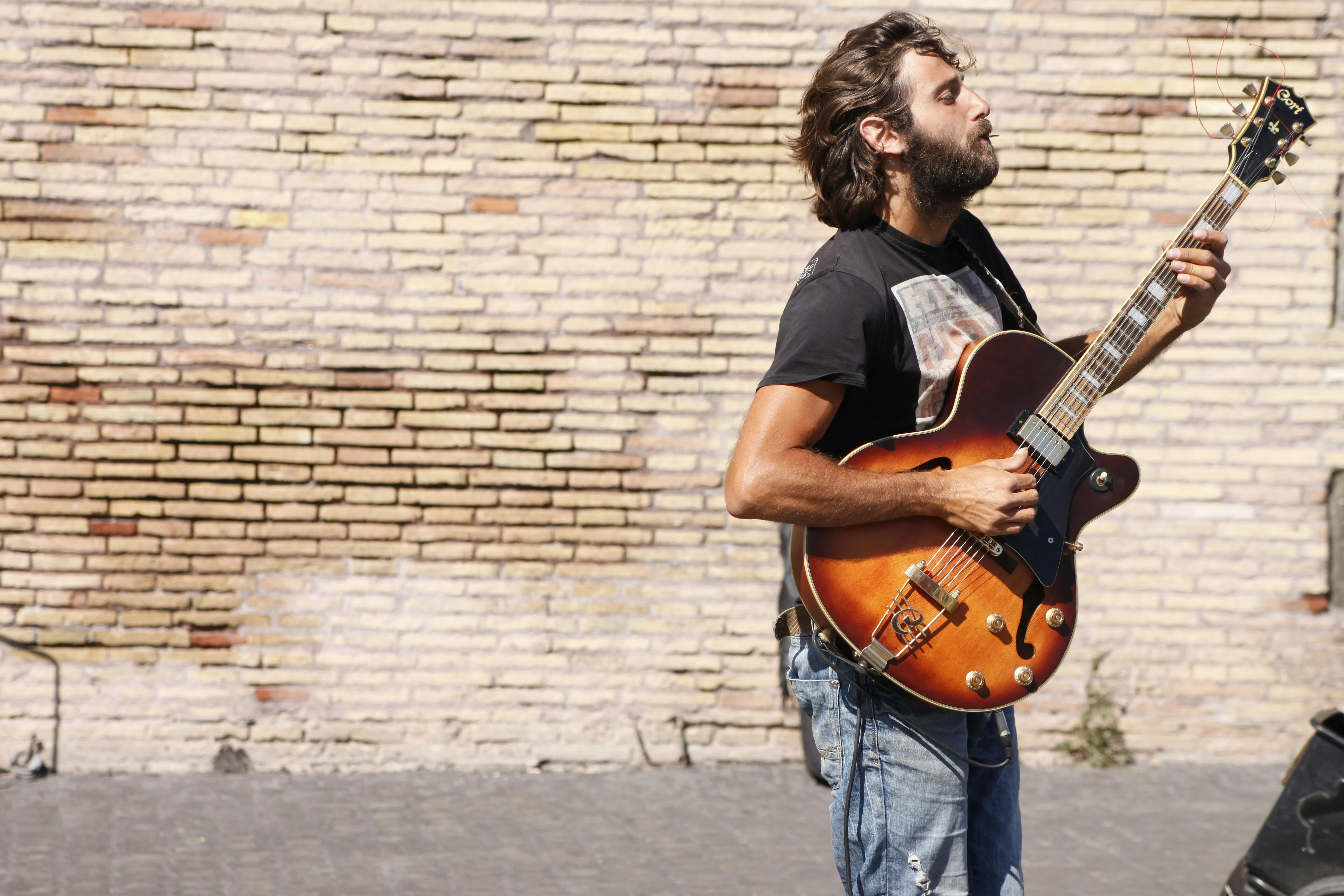 Guitarist playing hollow-body electric guitar against a brick wall — music is the goal, guitar is the instrument